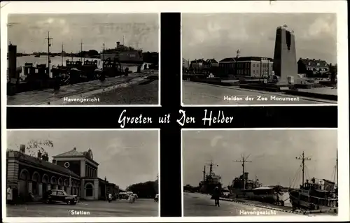 Ak Den Helder Nordholland Niederlande, Havengezicht, Helden der Zee Monument, Station