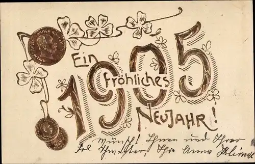 Präge Litho Glückwunsch Neujahr, Jahreszahl 1905, Kleeblätter, Münzen