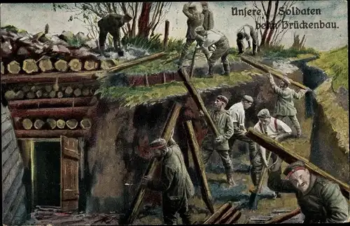 Ak Deutsche Soldaten in Uniformen beim Brückenbau, I WK