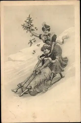 Ak Frauen auf einem Schlitten bei der Abfahrt
