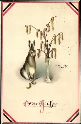 Ak Glückwunsch Ostern, Hase, Vase mit Haselzweigen, Patriotik