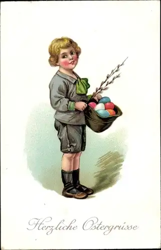 Ak Glückwunsch Ostern, Junge mit Ostereiern im Hut und Weidenkätzchen