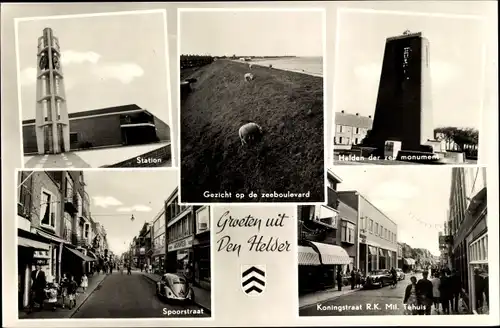 Ak Den Helder Nordholland Niederlande, Station, Helden der zee monument, Spoorstraat, Koningstraat