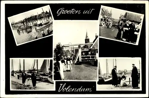 Ak Volendam Nordholland Niederlande, Hafen, Boote, Menschen in Trachten, Kirchturm