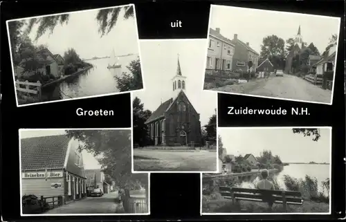 Ak Zuiderwoude Nordholland, Kirche, Straßenpartie, Frau auf Bank, Segelboot