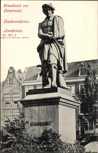 Ak Amsterdam Nordholland Niederlande, Rembrandtplein, Blick auf das Rembrandt Denkmal