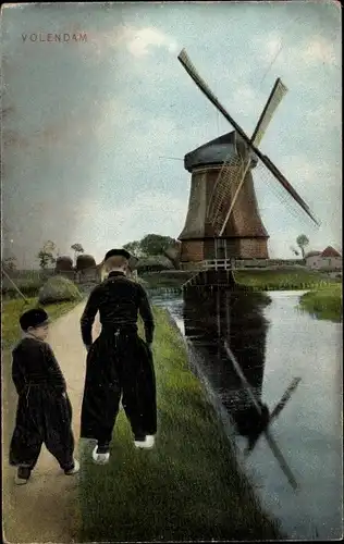 Ak Volendam Nordholland Niederlande, Jungen in Tracht, Windmühle