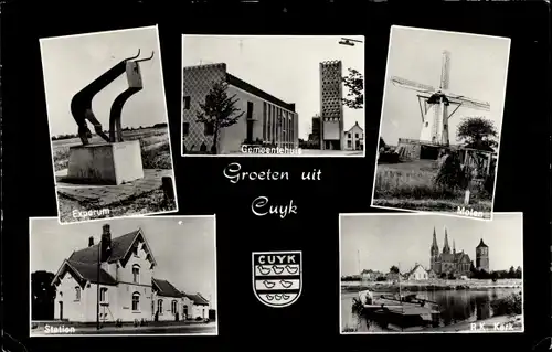 Ak Cuijk Cuyk Nordbrabant, Station, Gemeentehuis, R. K. Kerk, Windmühle