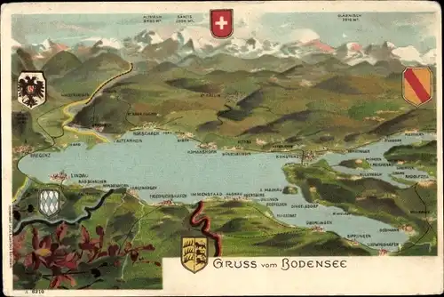 Landkarten Litho Konstanz am Bodensee, Altenrhein, Rorschach, Allenbach, Ludwigshafen, Wappen