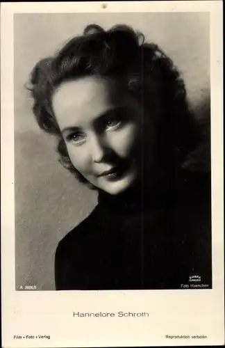 Ak Schauspielerin Hannelore Schroth, Portrait, Bavaria Film, Film Foto Verlag A 3606/1
