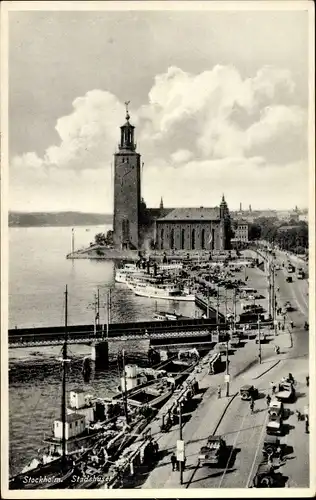 Ak Stockholm Schweden, Stadshuset, Hafenansicht, Dampfer, Brücke