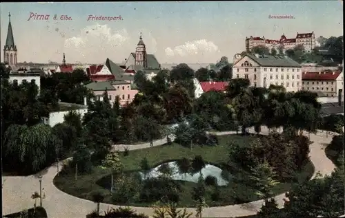 Ak Pirna in Sachsen, Friedenspark, Schloss Sonnenstein, Teich
