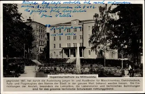 Ak Mittweida Sachsen, Ingenieurschule, Fontäne