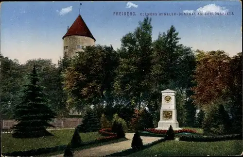 Ak Freiberg in Sachsen, Clemens-Winkler-Denkmal am Schlossplatz