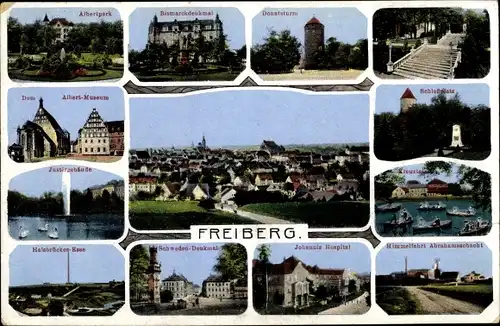 Ak Freiberg in Sachsen, Dom, Schlossplatz, Johannis Hospital, Donatsturm, Panorama, Halsbrücker Esse