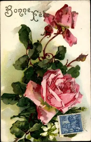 Künstler Ak Klein, Catharina, Rosafarbene Rose, Glückwunsch Bonne Fete