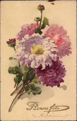 Künstler Ak Klein, Catharina, Violette Blumen, Glückwunsch Bonne Fete