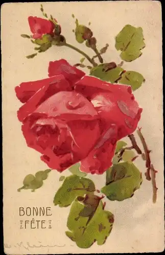 Künstler Ak Klein, Catharina, Rosenzweig mit roter Blüte, Knospe, Glückwunsch Bonne Fete