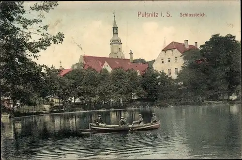 Ak Pulsnitz in Sachsen, Schlossteich, Ruderboot