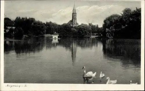 Ak Neugersdorf in der Lausitz, Kirche, Teich, Schwäne