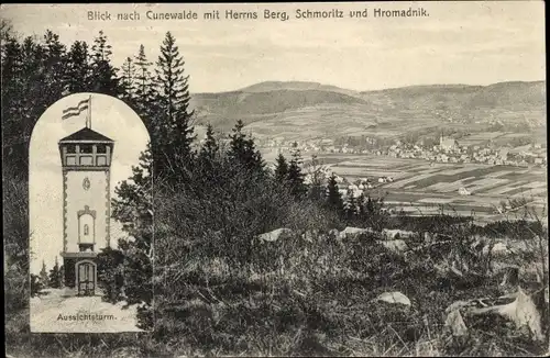 Ak Cunewalde in der Oberlausitz, Panorama, Herrns Berg, Schmoritz, Hromadnik, Aussichtsturm Bieleboh