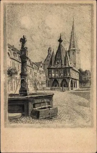 Ak Michelstadt im Odenwald, Rathaus, Kirche und Brunnen