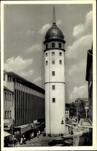 Ak Darmstadt in Hessen, Der weiße Turm, Straßenpartie
