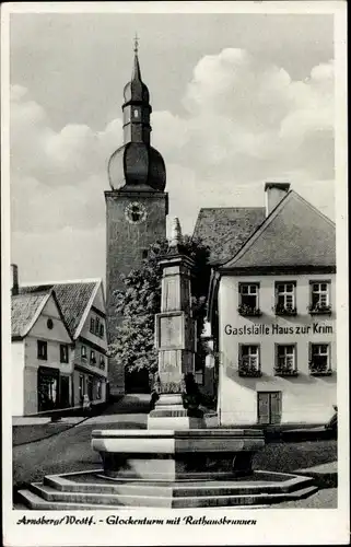 Ak Arnsberg im Hochsauerlandkreis, Glockenturm mit Rathausbrunnen