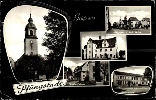 Ak Pfungstadt in Südhessen, Ev. Kirche, Goethe Schule, Rathaus, Bahnhofstraße, Lessingschule