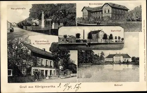 Ak Königswartha in der Oberlausitz, Schloss, Blindenasyl, Bahnhof, Warenhaus A. Thomschke, Hauptstr.
