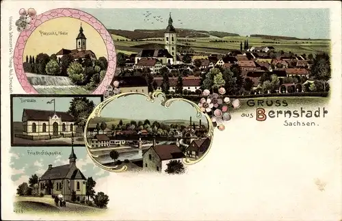 Litho Bernstadt auf dem Eigen in Sachsen, Pliessnitz Wehr, Turnhalle, Friedhofskapelle