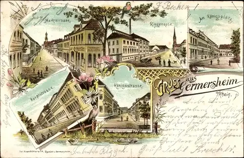 Litho Germersheim am Rhein, Marktstraße, Ringstraße, Königsplatz, Hauptstraße, Königstraße