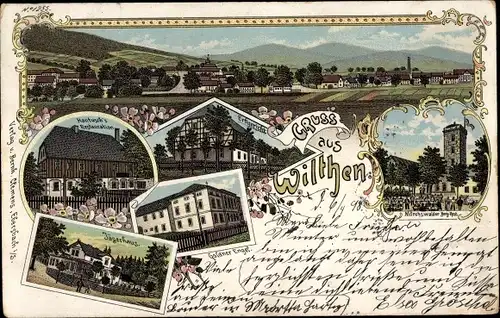 Litho Wilthen in der Oberlausitz, Erbgericht, Jägerhaus, Gasthaus Goldener Engel, Mönchswalder Berg