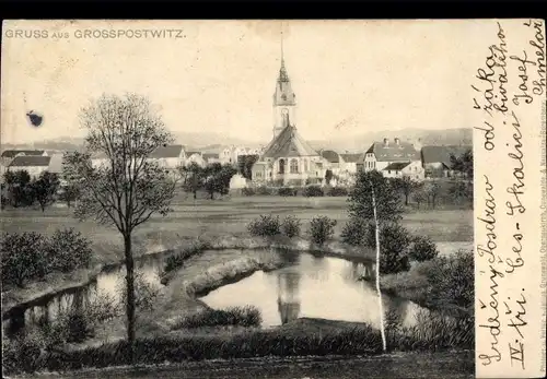 Ak Großpostwitz in Sachsen, Teilansicht mit Kirche