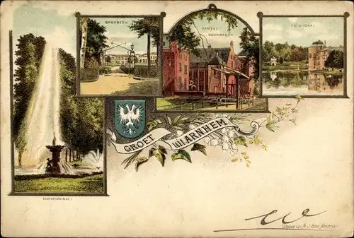 Litho Arnhem Gelderland Niederlande, Kasteel Doorwerth, Springbrunnen, Wappen