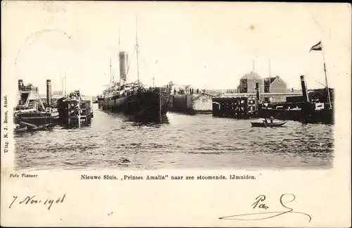 Ak IJmuiden Ymuiden Velsen Nordholland, Nieuwe Sluis Prinses Amalia naar zee stoomende