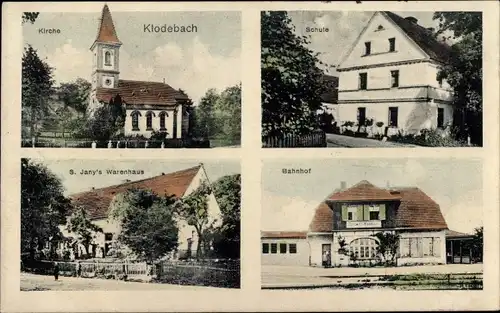 Ak Kłodobok Klodebach Oberschlesien, Kirche, Schule, S. Jany's Warenhaus, Bahnhof