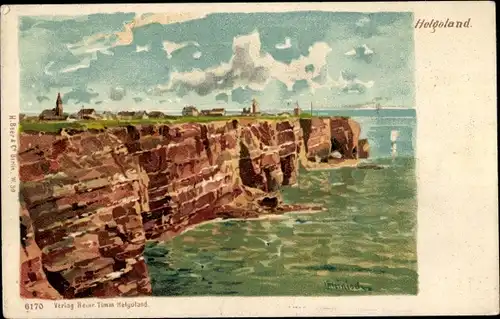 Künstler Litho Nordseeinsel Helgoland, Teilansicht der Insel, Hochufer