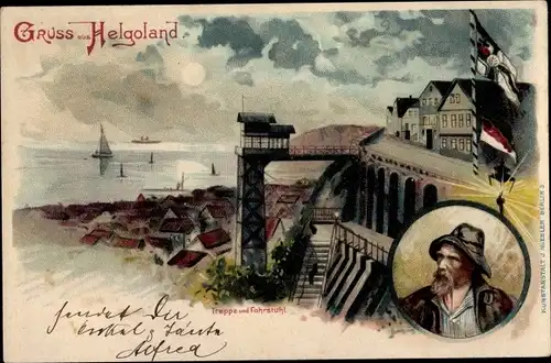 Mondschein Litho Helgoland, Treppe und Fahrstuhl, Gebäude, Seemann