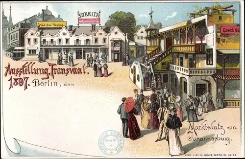 Litho Berlin, Ausstellung Transvaal 1897, Marktplatz von Johannesburg