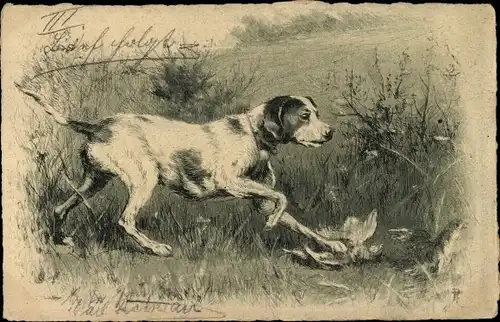 Künstler Litho Jagdhund mit Beute, Jagdszene, Vogel
