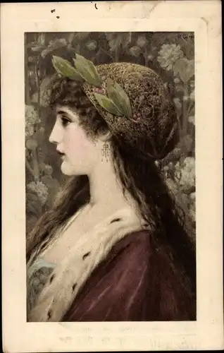 Ak Gemaltes Portrait einer Frau, Mütze, Braune Haare