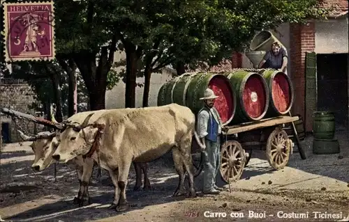 A Carro con Buoi, Costumi Ticiseni, Schweizerische Tracht, Rinder, Fuhrwerk
