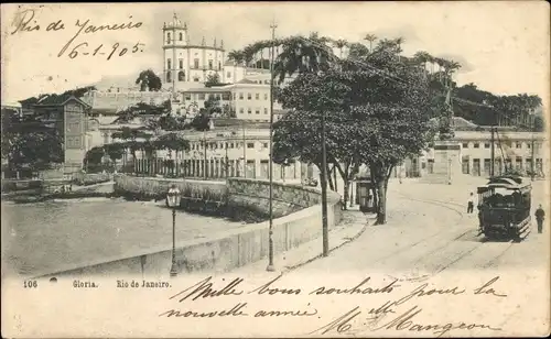 Ak Rio de Janeiro Brasilien, Gloria, Straßenpartie, Denkmal, Straßenbahn