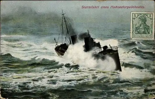 Ak Deutsches Kriegsschiff, Sturmfahrt eines Hochseetorpedobootes, Kaiserliche Marine