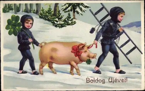 Ak Glückwunsch Neujahr, Schornsteinfeger, Schwein, Glücksklee