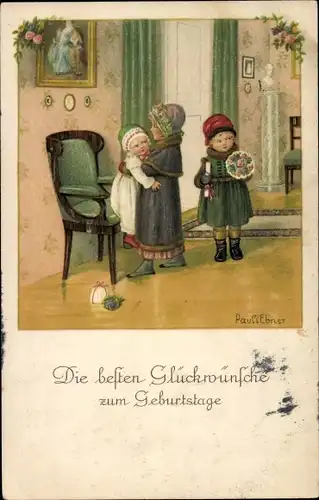 Künstler Ak Ebner, Pauli, Glückwunsch Geburtstag, Kinder mit Blumenstrauß und Geschenk