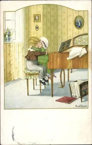 Künstler Ak Ebner, Pauli, Vierhändig, küssendes Paar am Klavier