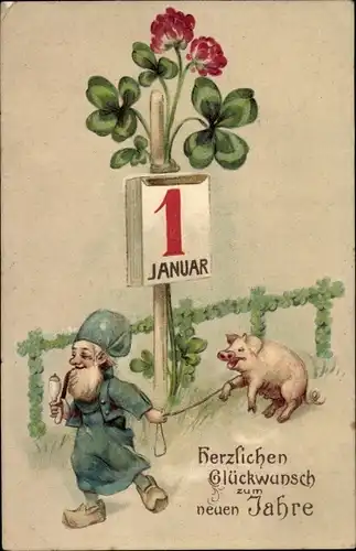 Präge Ak Glückwunsch Neujahr, Zwerg, Schwein, Glücksklee, Kalender