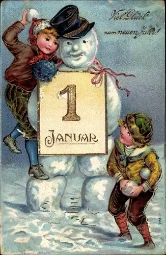 Präge Ak Glückwunsch Neujahr, Kinder, Kalender, Schneebälle, Schneemann
